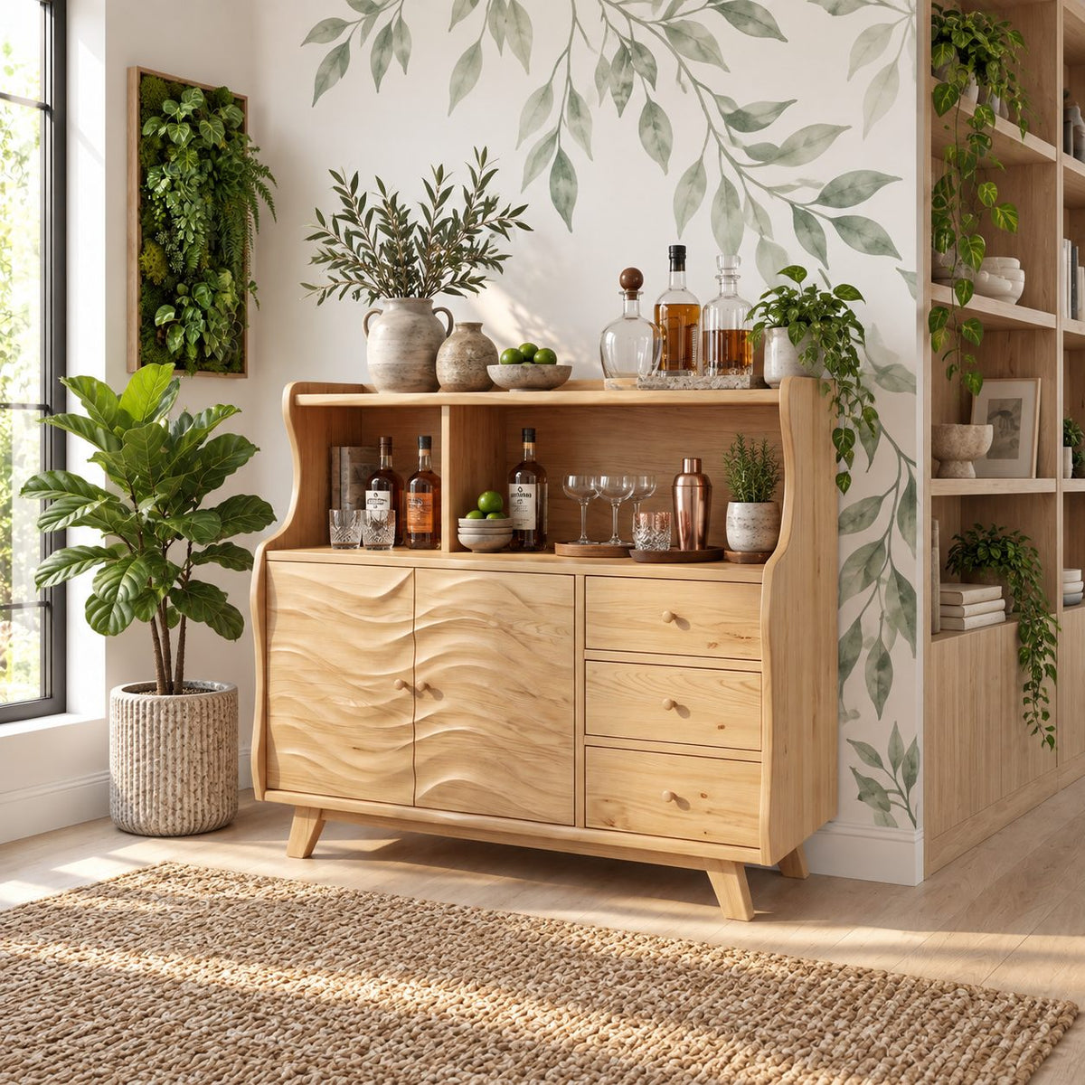 Wave Front Liquor Cabinet with Carved Doors, Drawers and Open Hutch, Solid Wood Bar Sideboard Buffet