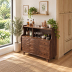 Wave Front Liquor Cabinet with Carved Doors, Drawers and Open Hutch, Solid Wood Bar Sideboard Buffet