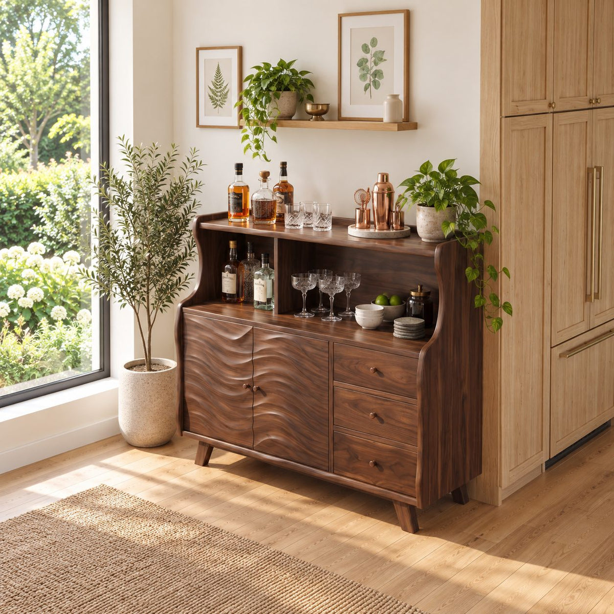 Wave Front Liquor Cabinet with Carved Doors, Drawers and Open Hutch, Solid Wood Bar Sideboard Buffet