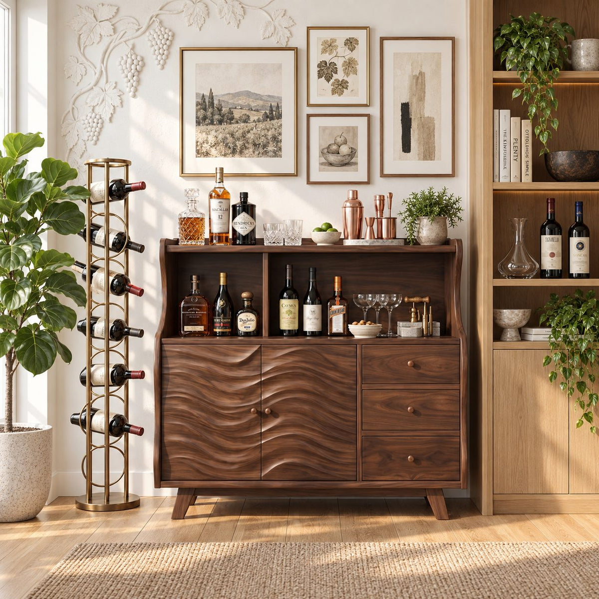 Wave Front Liquor Cabinet with Carved Doors, Drawers and Open Hutch, Solid Wood Bar Sideboard Buffet
