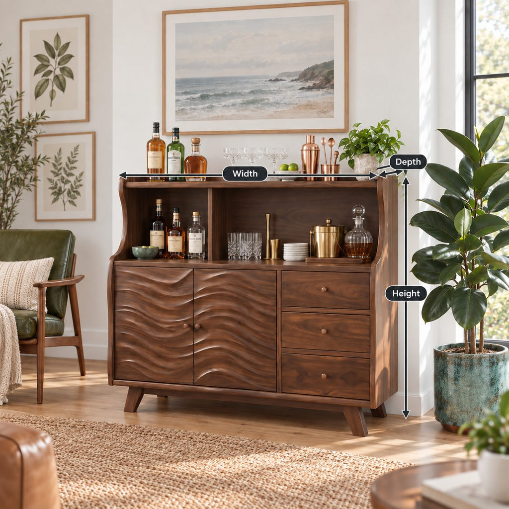 Wave Front Liquor Cabinet with Carved Doors, Drawers and Open Hutch, Solid Wood Bar Sideboard Buffet