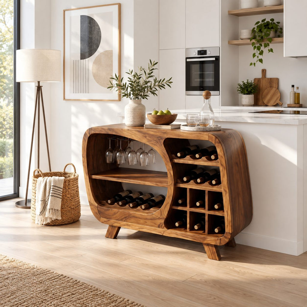 Retro Rounded Wine Sideboard with Stemware Nook and Wine Cubbies, Solid Wood Low Bar Cabinet on Legs