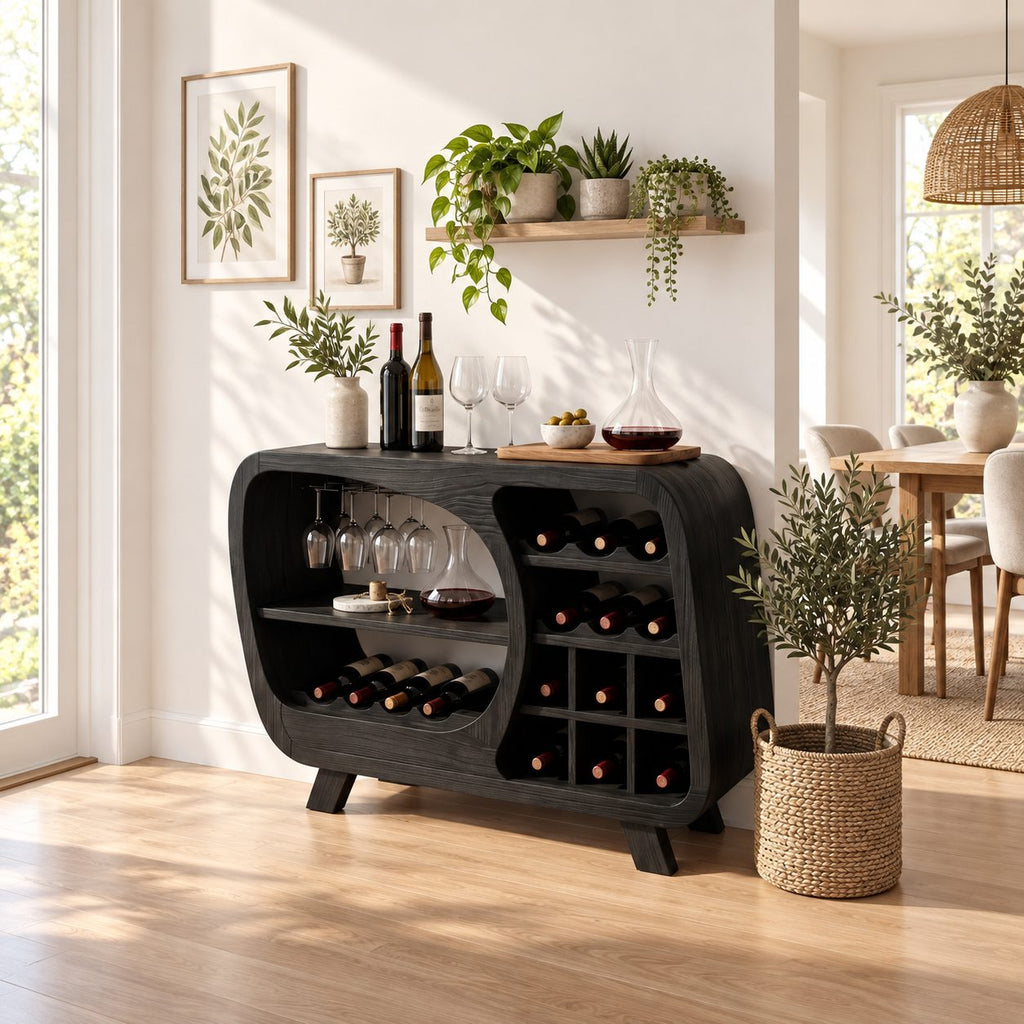 Retro Rounded Wine Sideboard with Stemware Nook and Wine Cubbies, Solid Wood Low Bar Cabinet on Legs