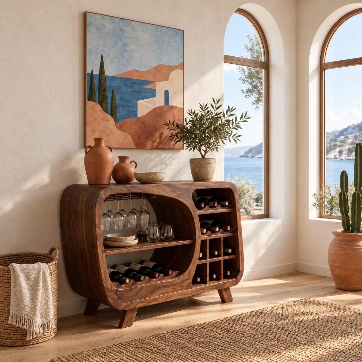 Retro Rounded Wine Sideboard with Stemware Nook and Wine Cubbies, Solid Wood Low Bar Cabinet on Legs