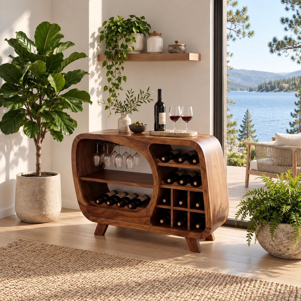 Retro Rounded Wine Sideboard with Stemware Nook and Wine Cubbies, Solid Wood Low Bar Cabinet on Legs
