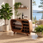 Retro Rounded Wine Sideboard with Stemware Nook and Wine Cubbies, Solid Wood Low Bar Cabinet on Legs