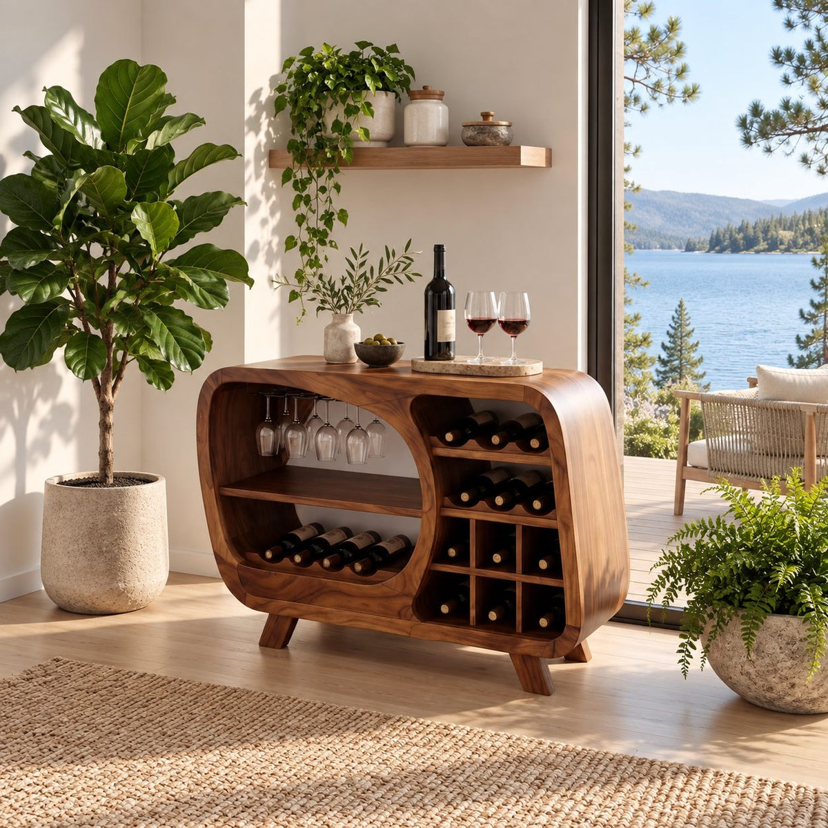 Retro Rounded Wine Sideboard with Stemware Nook and Wine Cubbies, Solid Wood Low Bar Cabinet on Legs