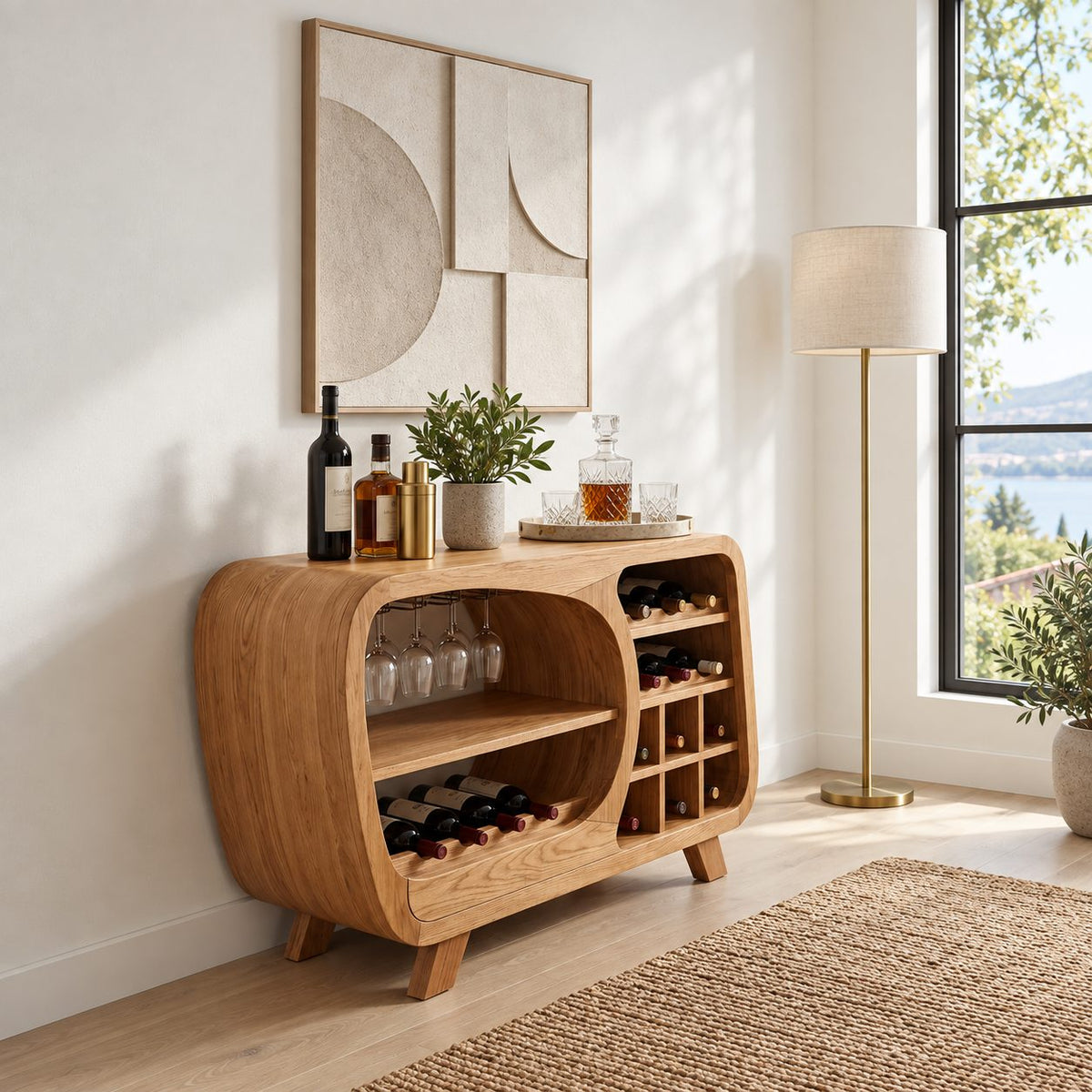 Retro Rounded Wine Sideboard with Stemware Nook and Wine Cubbies, Solid Wood Low Bar Cabinet on Legs