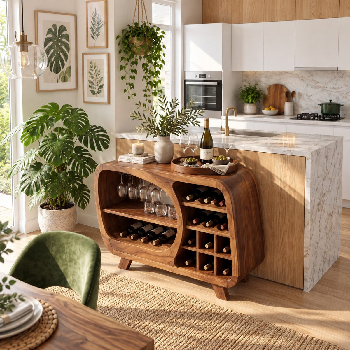 Retro Rounded Wine Sideboard with Stemware Nook and Wine Cubbies, Solid Wood Low Bar Cabinet on Legs