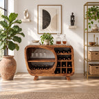Retro Rounded Wine Sideboard with Stemware Nook and Wine Cubbies, Solid Wood Low Bar Cabinet on Legs