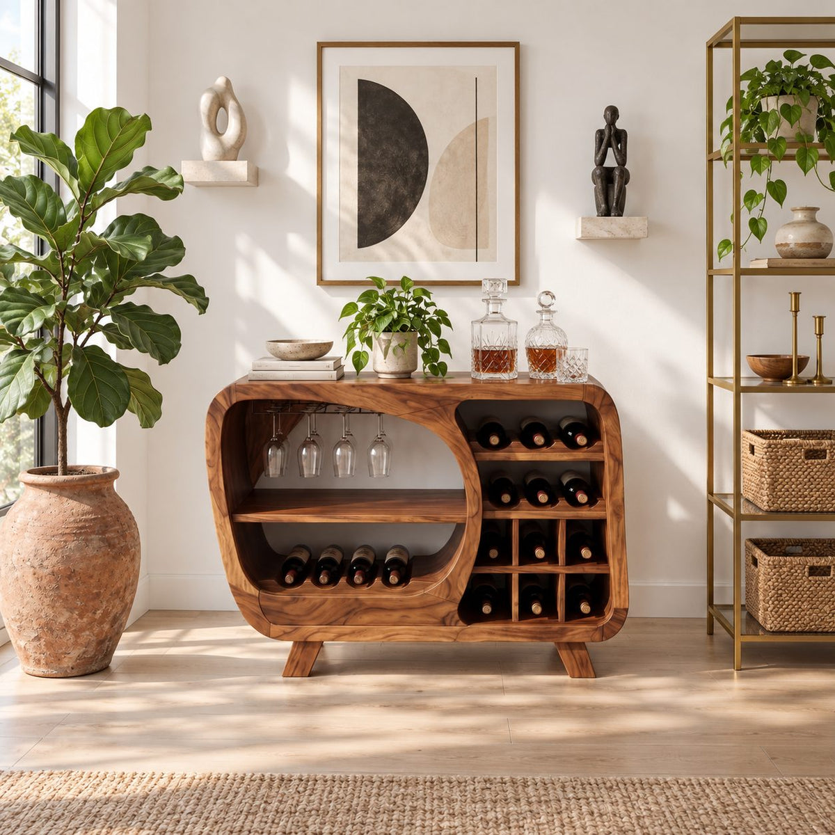 Retro Rounded Wine Sideboard with Stemware Nook and Wine Cubbies, Solid Wood Low Bar Cabinet on Legs