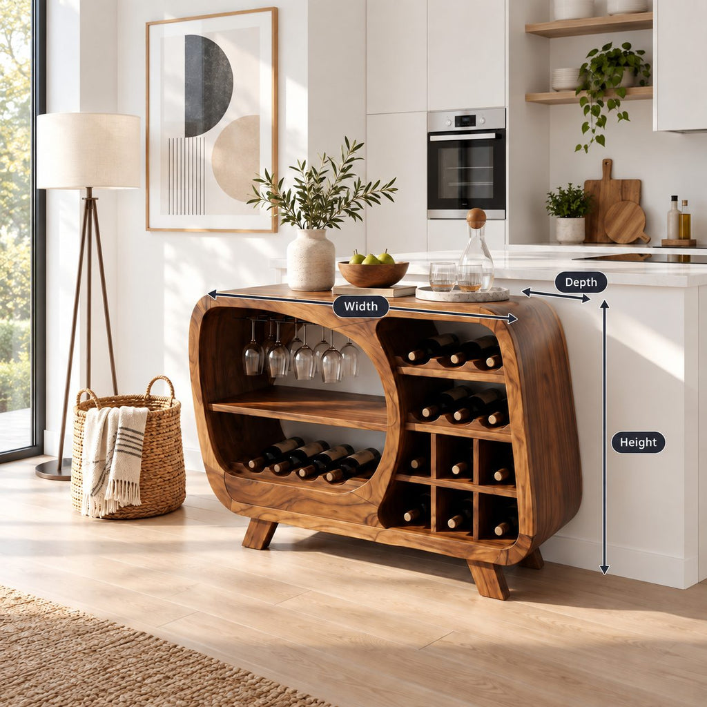 Retro Rounded Wine Sideboard with Stemware Nook and Wine Cubbies, Solid Wood Low Bar Cabinet on Legs