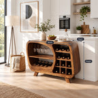Retro Rounded Wine Sideboard with Stemware Nook and Wine Cubbies, Solid Wood Low Bar Cabinet on Legs