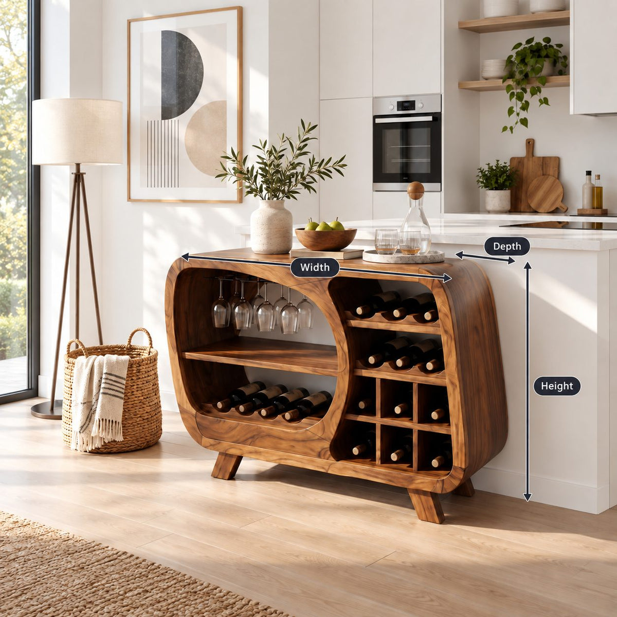 Retro Rounded Wine Sideboard with Stemware Nook and Wine Cubbies, Solid Wood Low Bar Cabinet on Legs