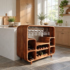 Waterfall Curve Home Bar Cabinet with Hanging Stemware Rack and Rounded Bottle Cubbies, Solid Wood