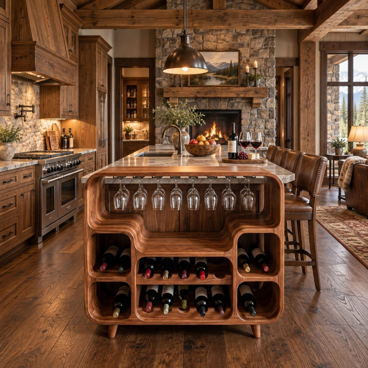 Waterfall Curve Home Bar Cabinet with Hanging Stemware Rack and Rounded Bottle Cubbies, Solid Wood