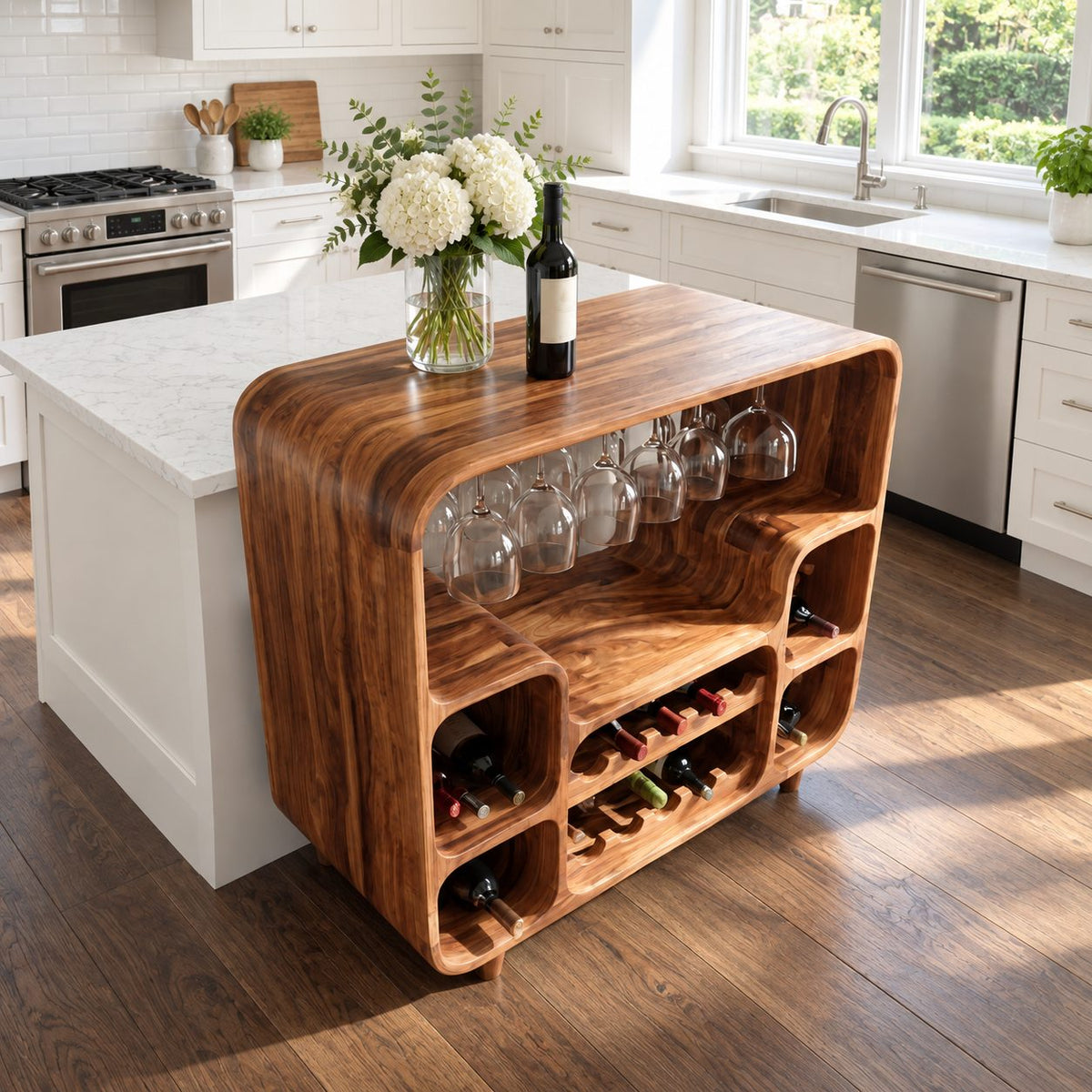 Waterfall Curve Home Bar Cabinet with Hanging Stemware Rack and Rounded Bottle Cubbies, Solid Wood
