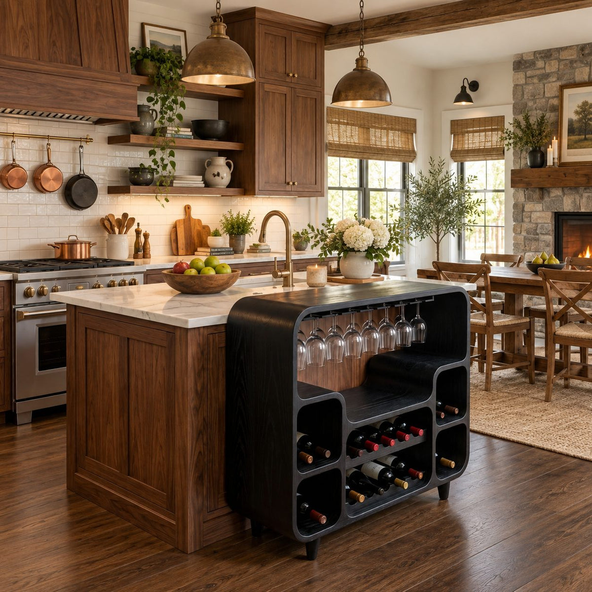 Waterfall Curve Home Bar Cabinet with Hanging Stemware Rack and Rounded Bottle Cubbies, Solid Wood