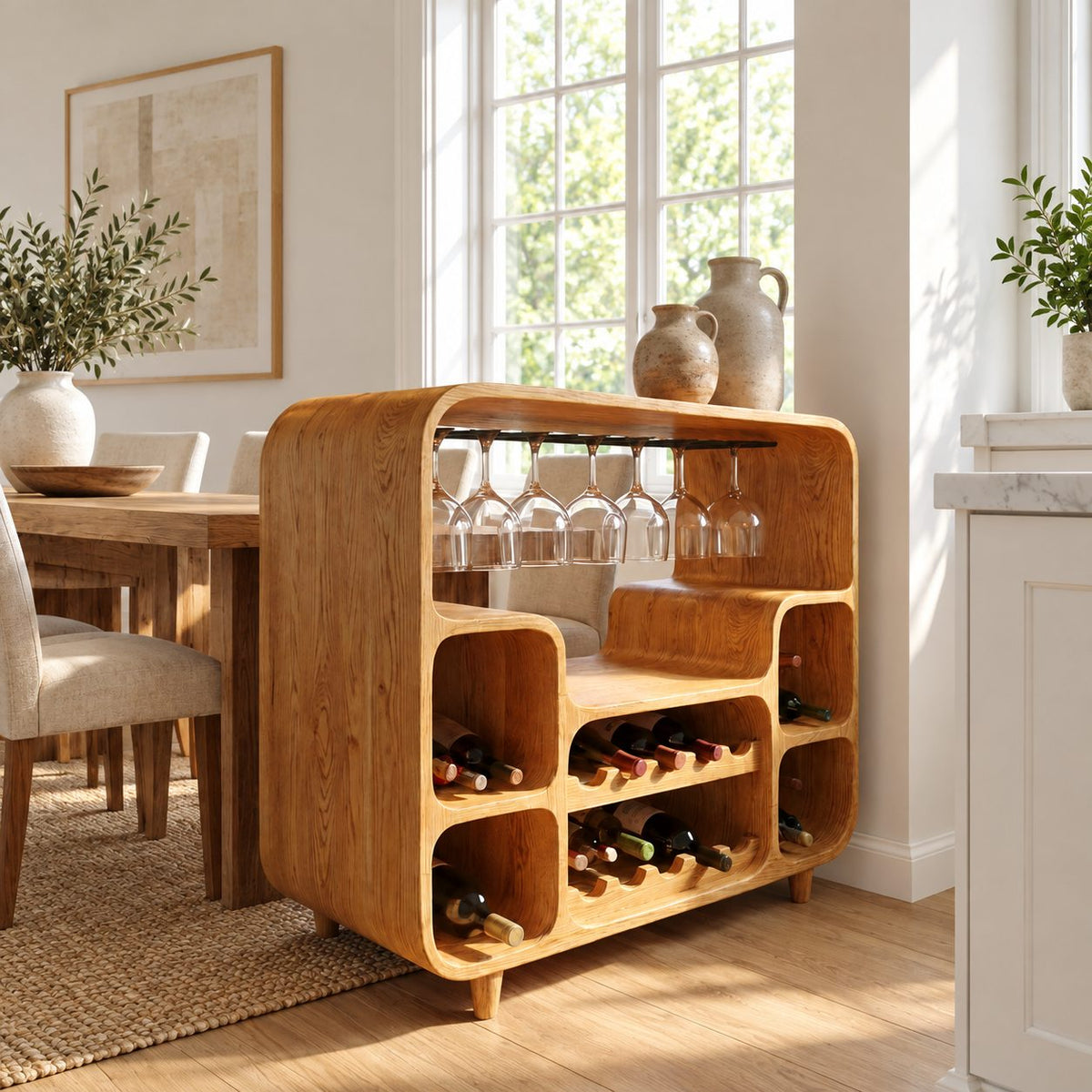 Waterfall Curve Home Bar Cabinet with Hanging Stemware Rack and Rounded Bottle Cubbies, Solid Wood