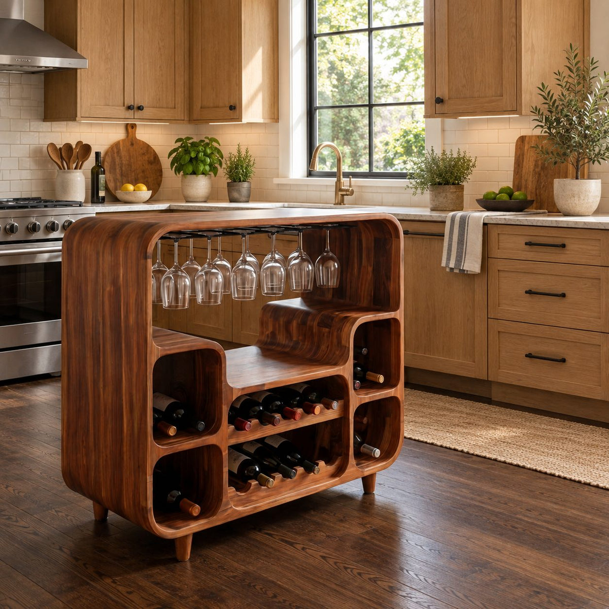 Waterfall Curve Home Bar Cabinet with Hanging Stemware Rack and Rounded Bottle Cubbies, Solid Wood