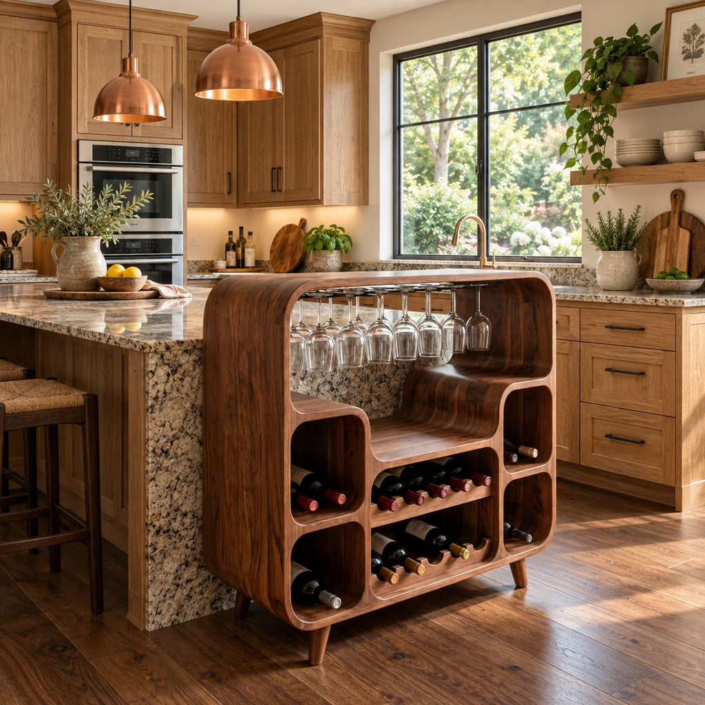 Waterfall Curve Home Bar Cabinet with Hanging Stemware Rack and Rounded Bottle Cubbies, Solid Wood
