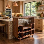 Waterfall Curve Home Bar Cabinet with Hanging Stemware Rack and Rounded Bottle Cubbies, Solid Wood