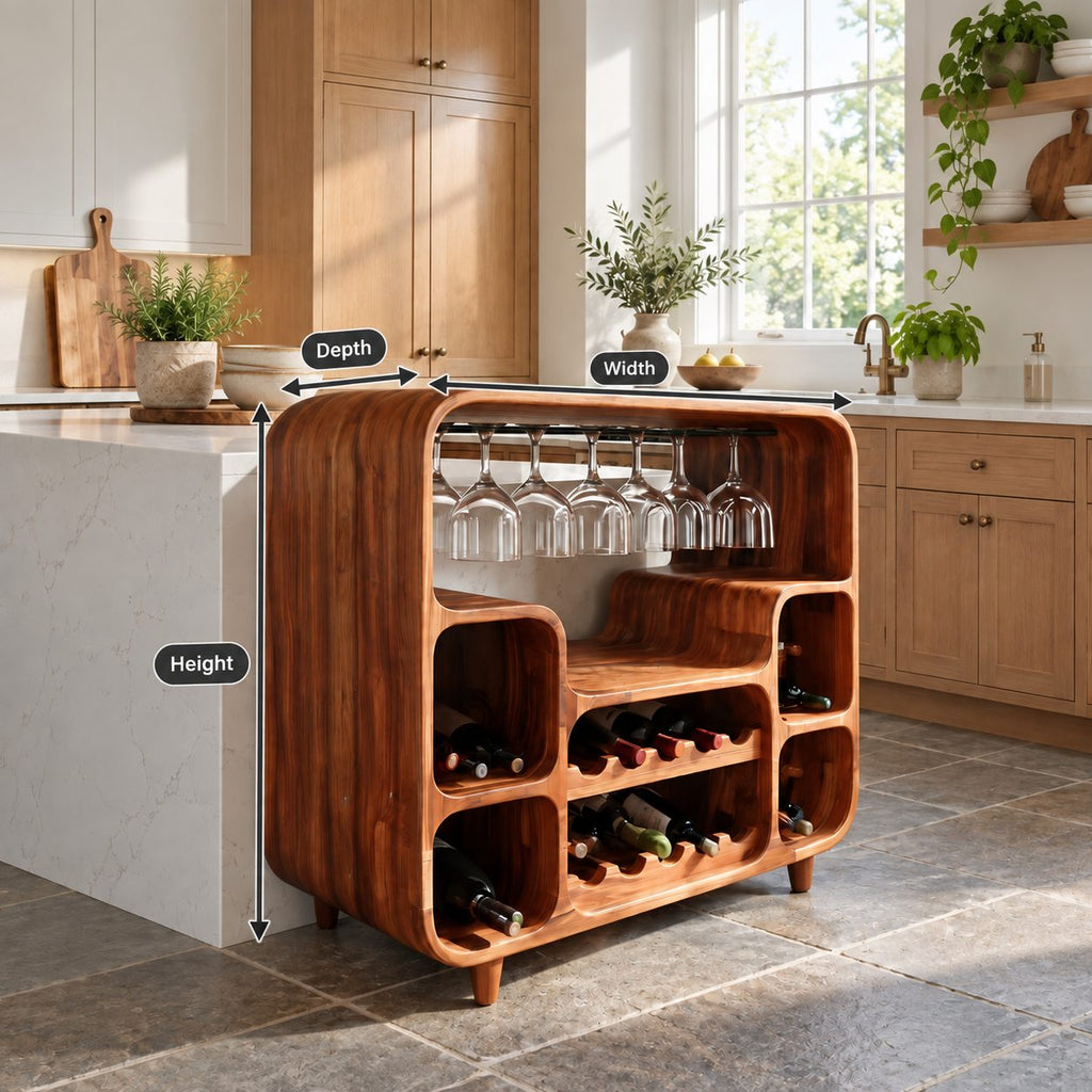 Waterfall Curve Home Bar Cabinet with Hanging Stemware Rack and Rounded Bottle Cubbies, Solid Wood