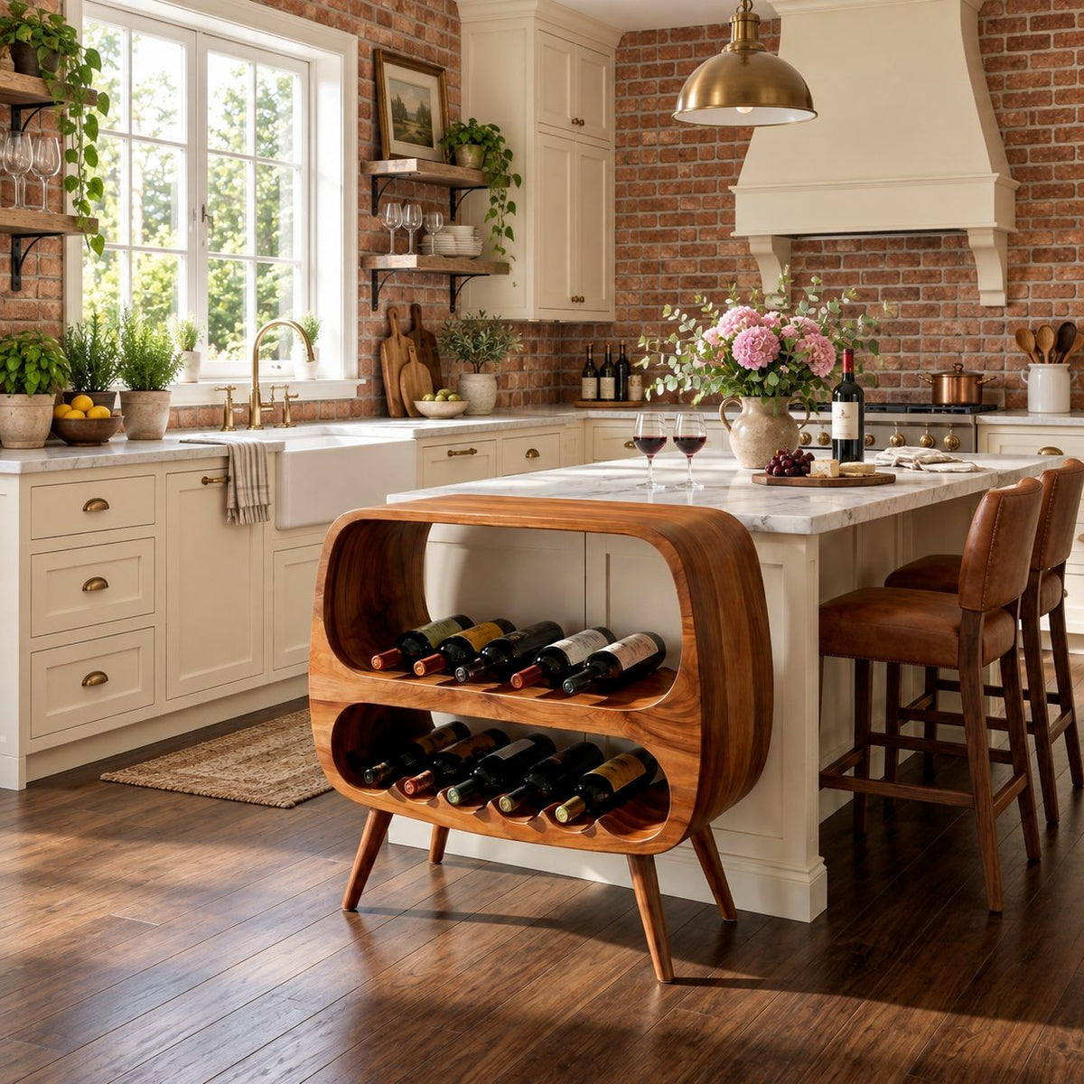 Capsule Frame Wine Cabinet with Two Open Bottle Tiers, Solid Wood Mid Century Wine Rack Console on Legs