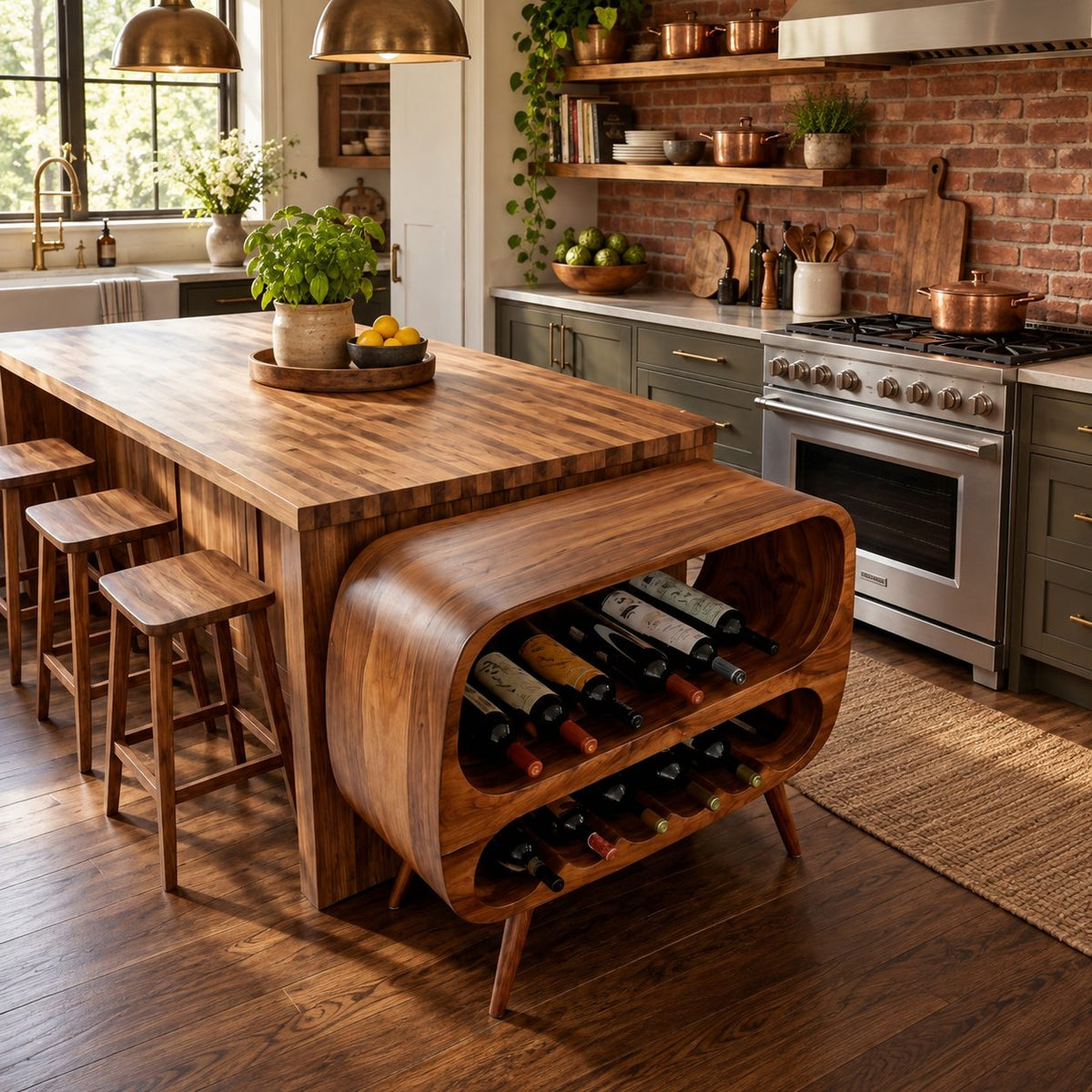 Capsule Frame Wine Cabinet with Two Open Bottle Tiers, Solid Wood Mid Century Wine Rack Console on Legs