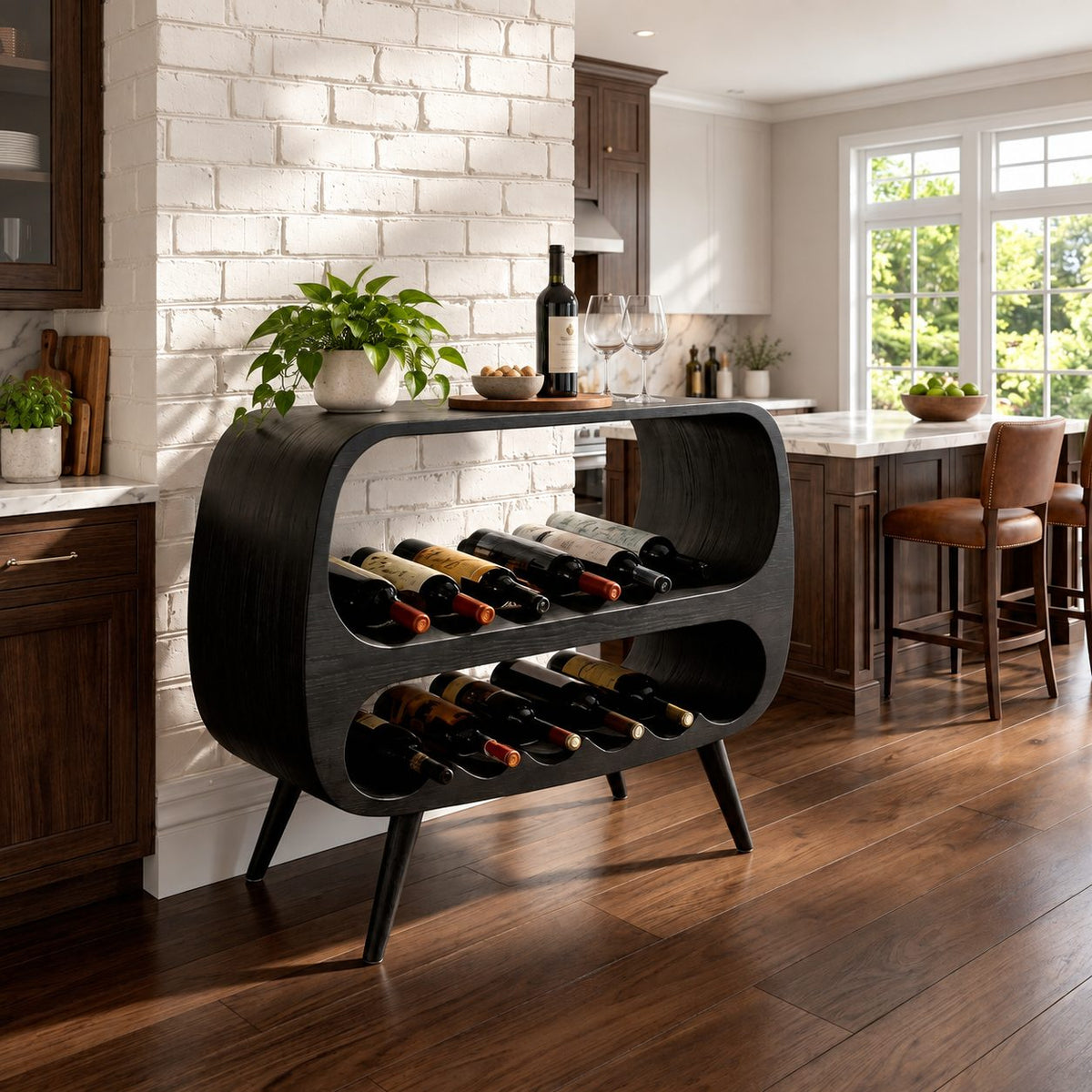 Capsule Frame Wine Cabinet with Two Open Bottle Tiers, Solid Wood Mid Century Wine Rack Console on Legs