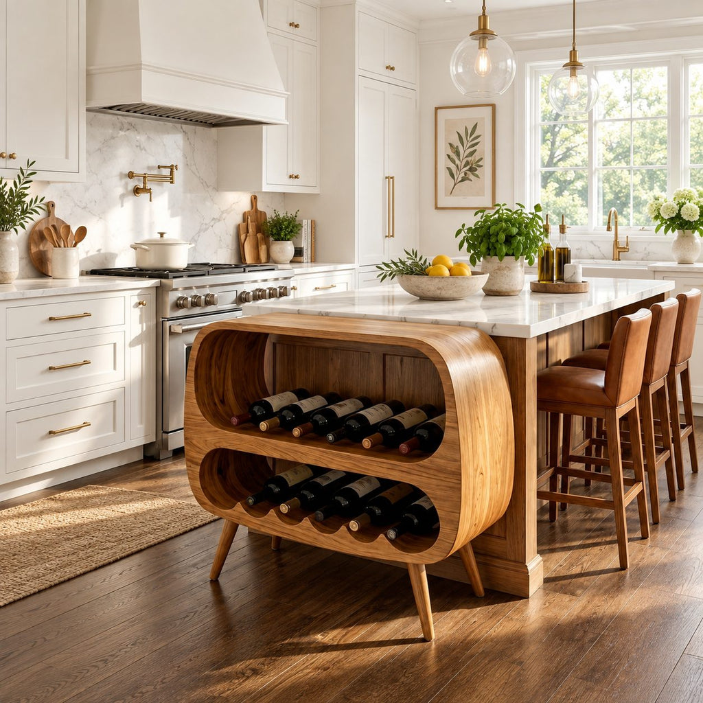 Capsule Frame Wine Cabinet with Two Open Bottle Tiers, Solid Wood Mid Century Wine Rack Console on Legs