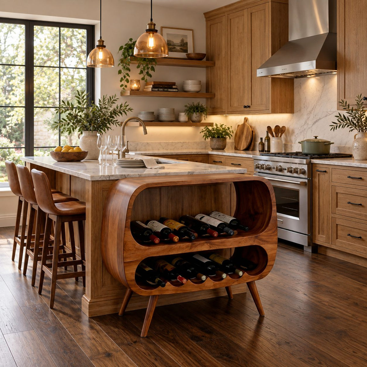 Capsule Frame Wine Cabinet with Two Open Bottle Tiers, Solid Wood Mid Century Wine Rack Console on Legs