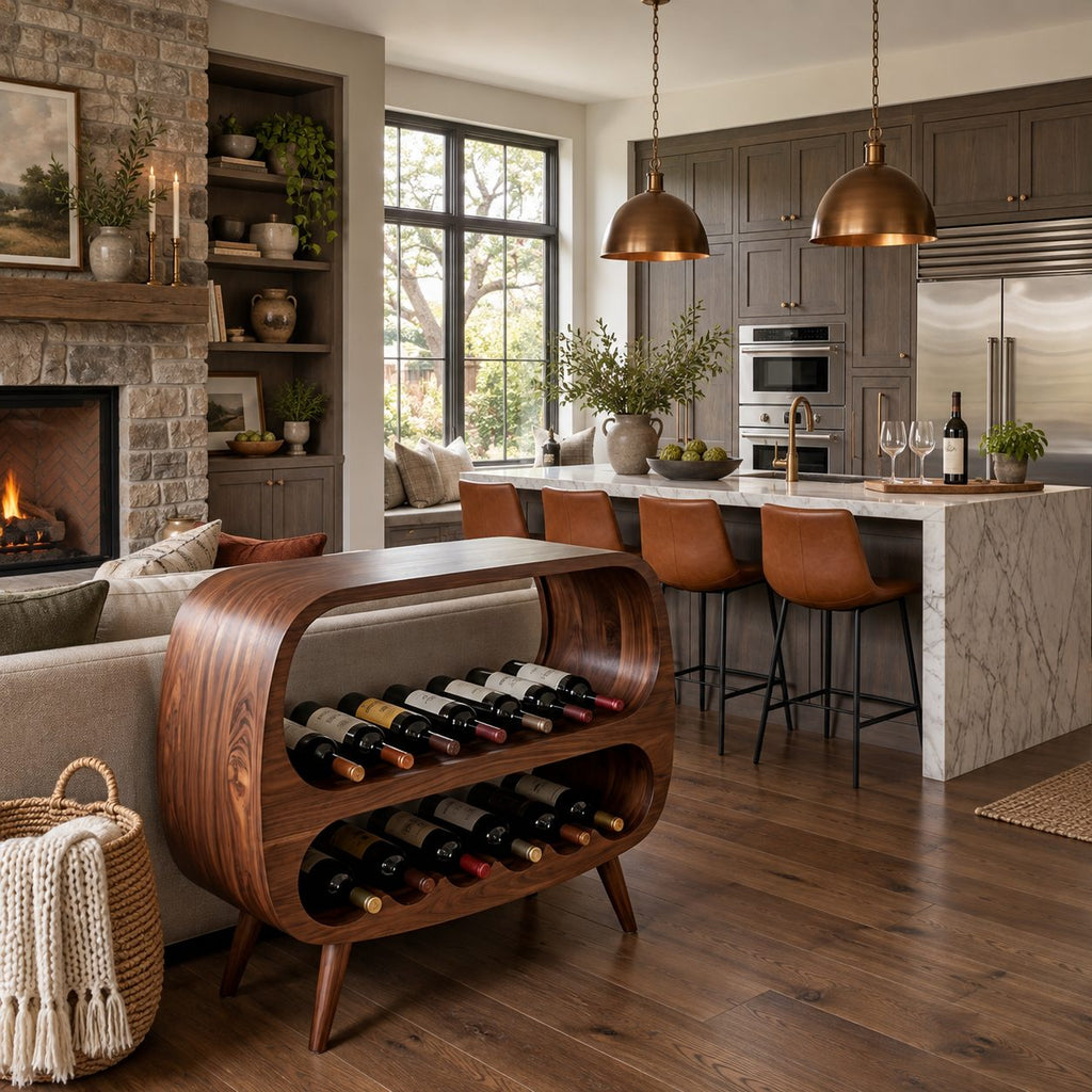 Capsule Frame Wine Cabinet with Two Open Bottle Tiers, Solid Wood Mid Century Wine Rack Console on Legs