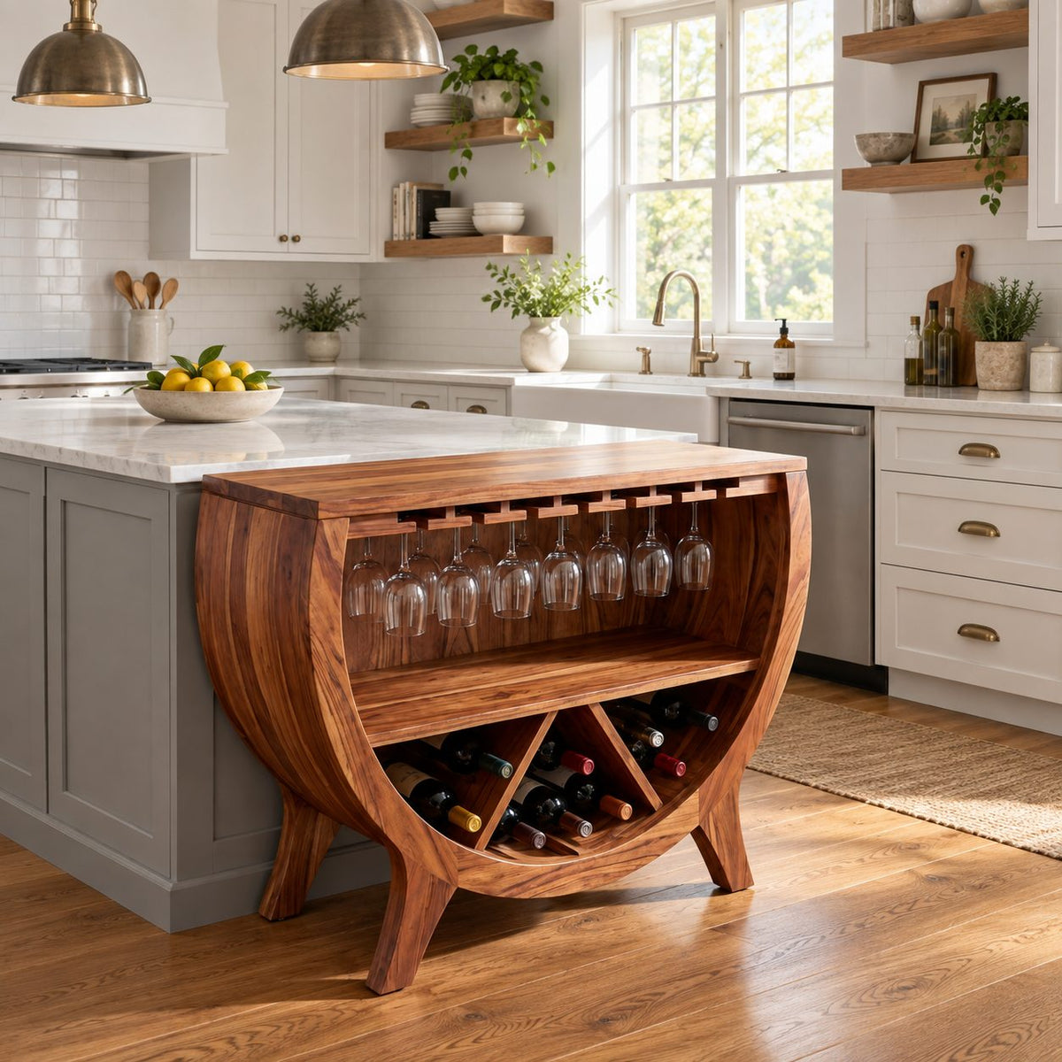 Half Barrel Wine Cabinet with Stemware Slots, Open Shelf and X Divided Bottle Bin, Solid Wood Bar Cabinet