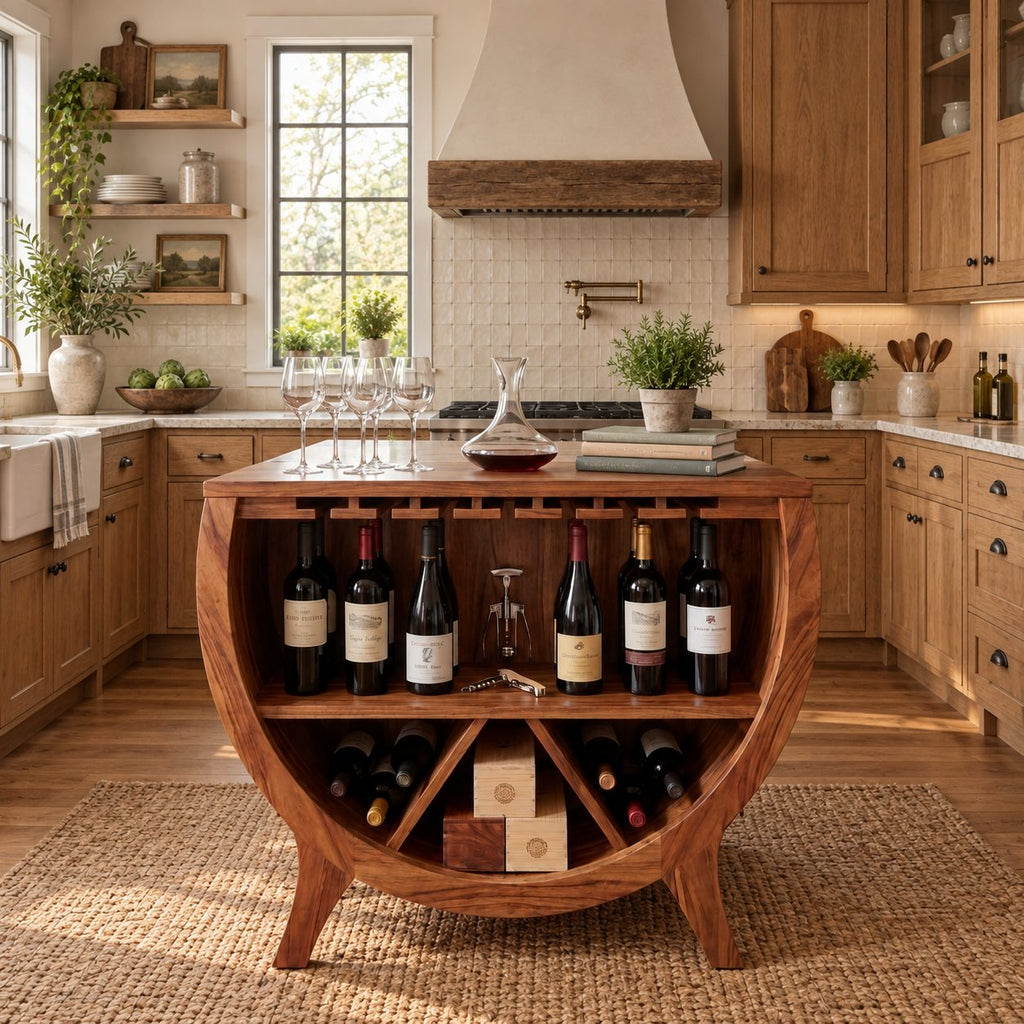Half Barrel Wine Cabinet with Stemware Slots, Open Shelf and X Divided Bottle Bin, Solid Wood Bar Cabinet