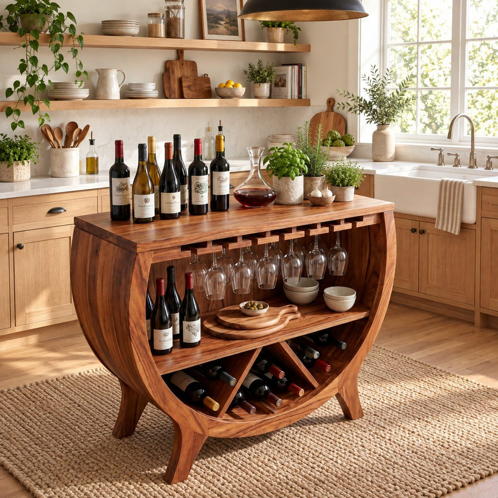 Half Barrel Wine Cabinet with Stemware Slots, Open Shelf and X Divided Bottle Bin, Solid Wood Bar Cabinet