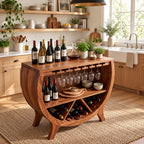 Half Barrel Wine Cabinet with Stemware Slots, Open Shelf and X Divided Bottle Bin, Solid Wood Bar Cabinet