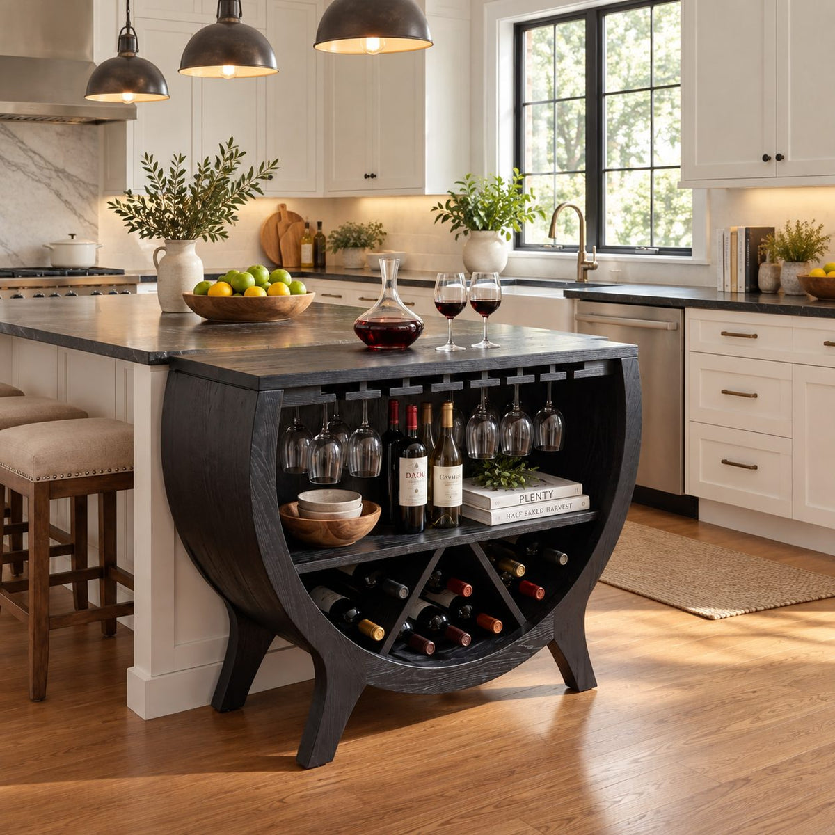 Half Barrel Wine Cabinet with Stemware Slots, Open Shelf and X Divided Bottle Bin, Solid Wood Bar Cabinet