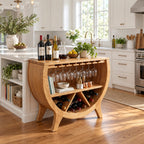 Half Barrel Wine Cabinet with Stemware Slots, Open Shelf and X Divided Bottle Bin, Solid Wood Bar Cabinet