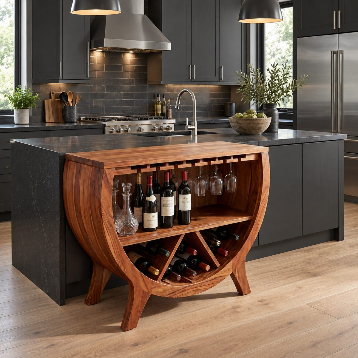 Half Barrel Wine Cabinet with Stemware Slots, Open Shelf and X Divided Bottle Bin, Solid Wood Bar Cabinet