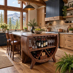 Half Barrel Wine Cabinet with Stemware Slots, Open Shelf and X Divided Bottle Bin, Solid Wood Bar Cabinet