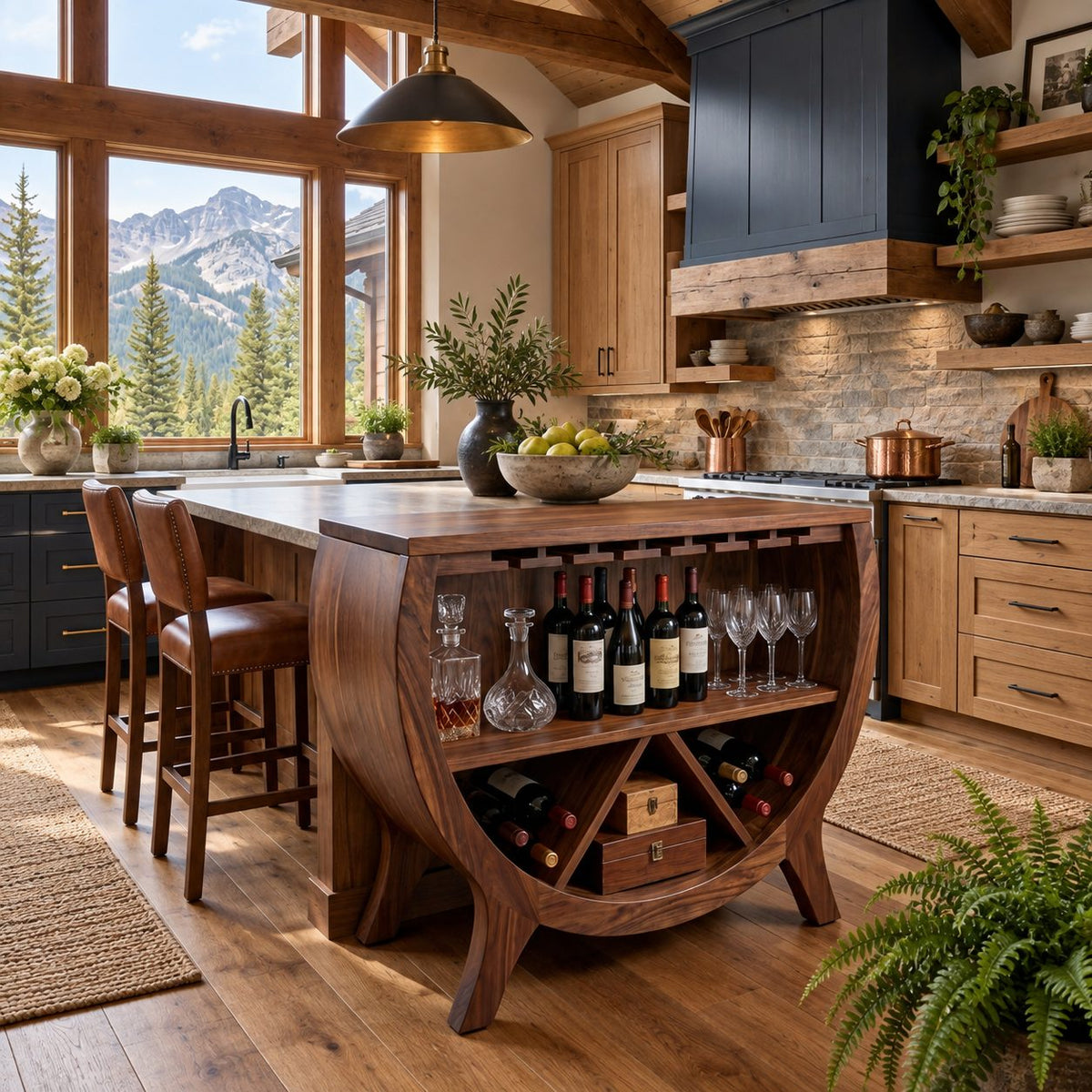 Half Barrel Wine Cabinet with Stemware Slots, Open Shelf and X Divided Bottle Bin, Solid Wood Bar Cabinet