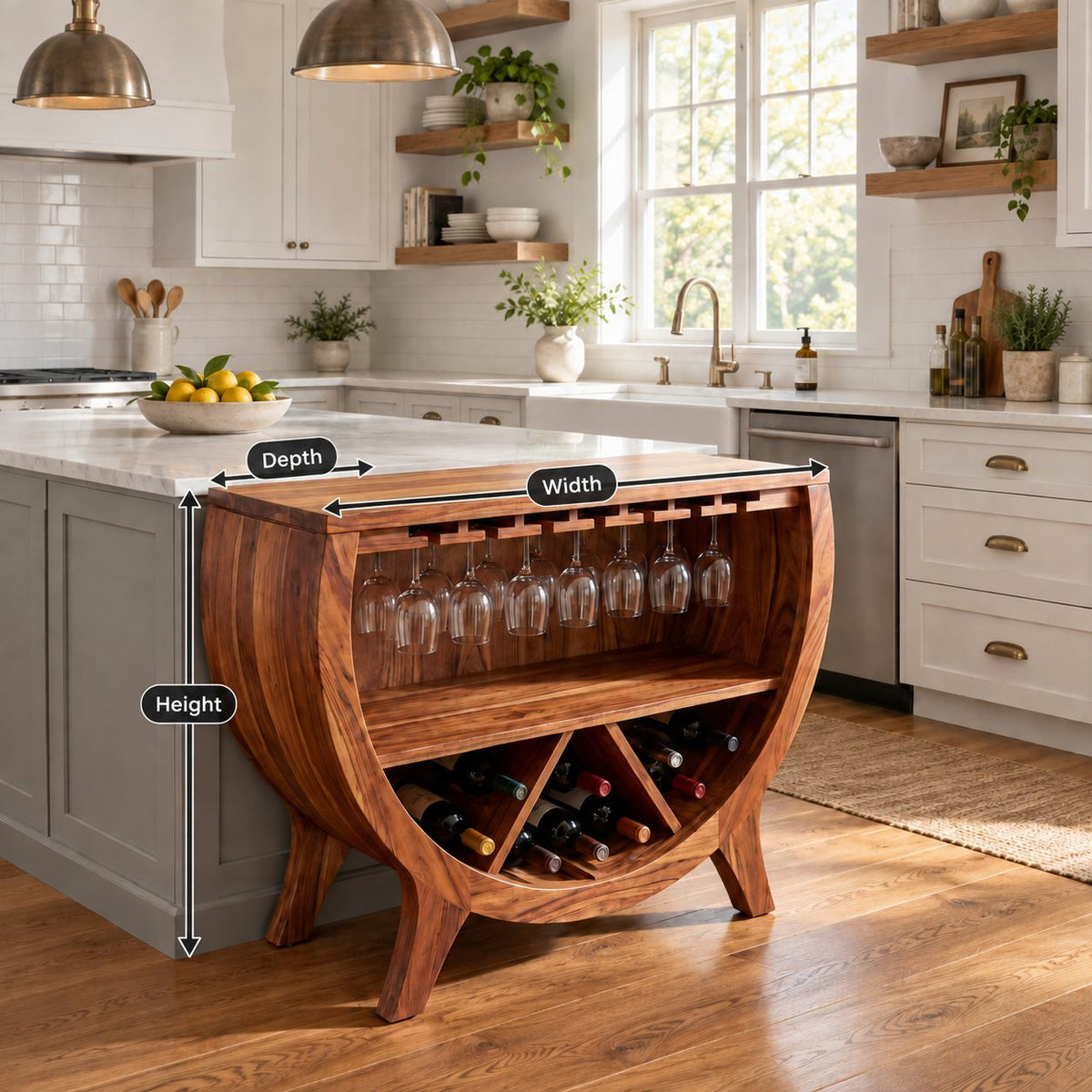 Half Barrel Wine Cabinet with Stemware Slots, Open Shelf and X Divided Bottle Bin, Solid Wood Bar Cabinet