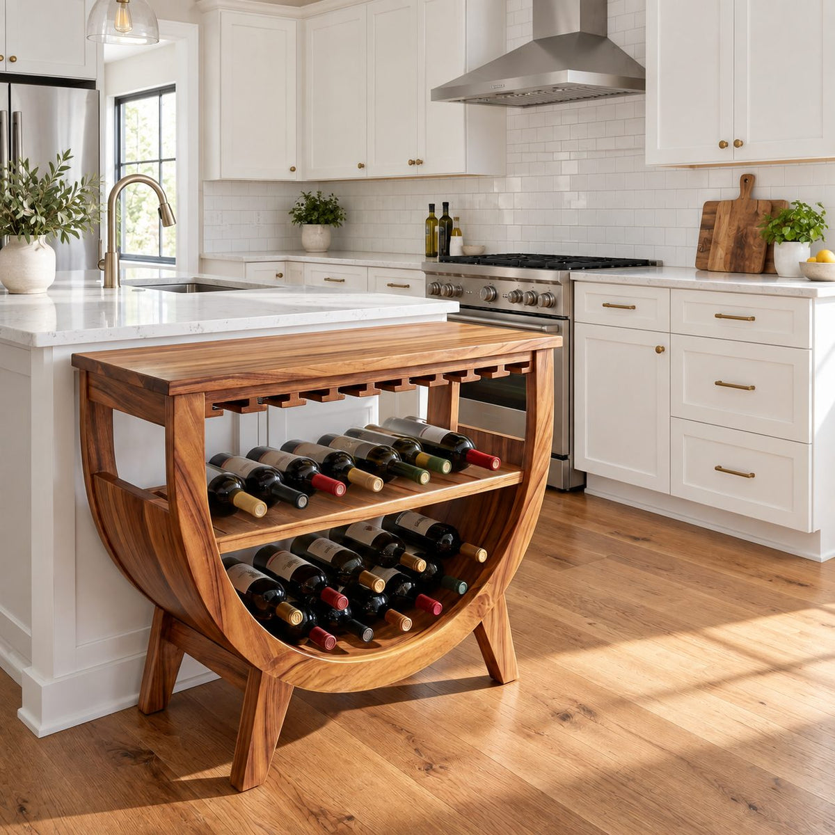 Half Moon Wine Cabinet with Stemware Slots and Two Bottle Shelves, Solid Wood Arched Kitchen Bar Cabinet