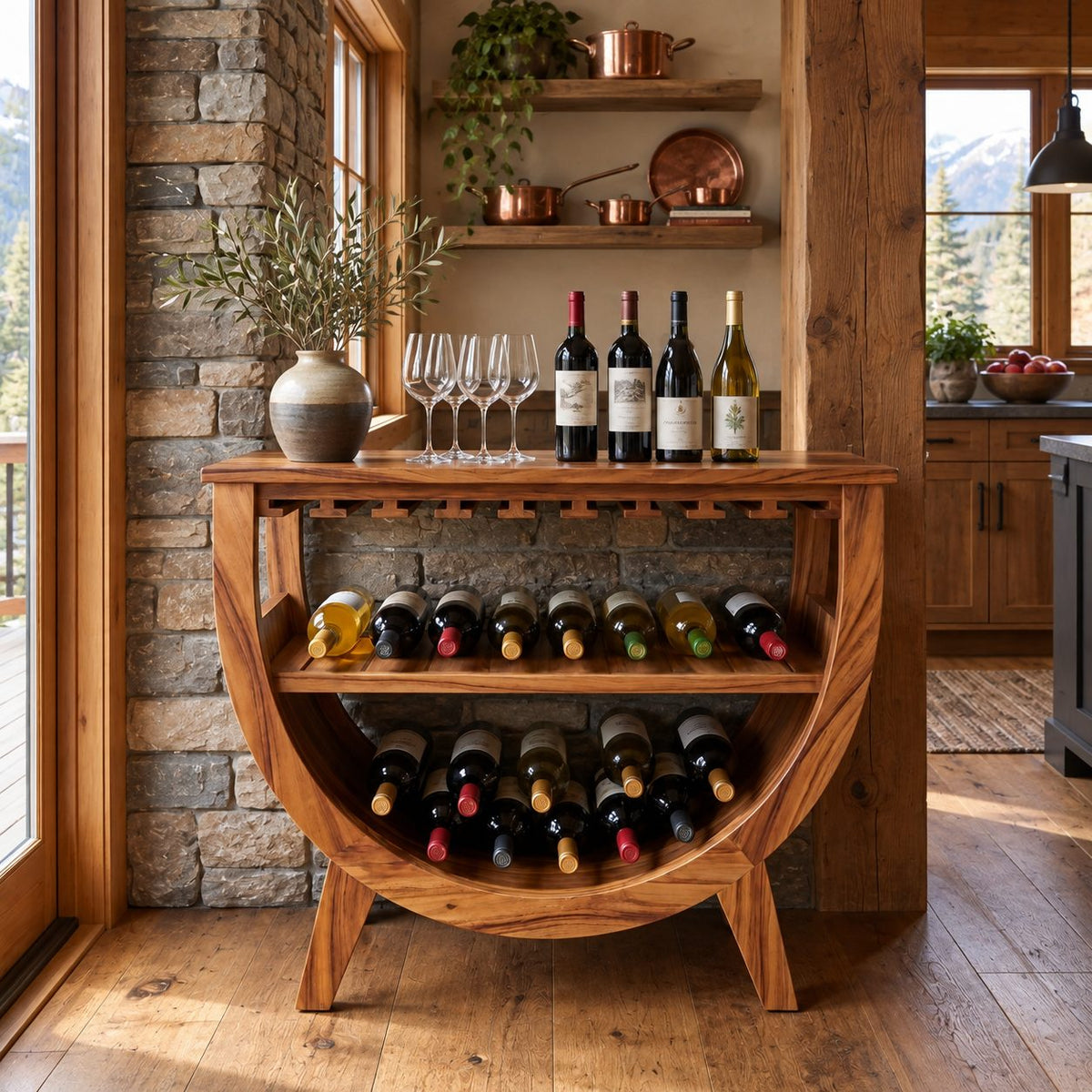 Half Moon Wine Cabinet with Stemware Slots and Two Bottle Shelves, Solid Wood Arched Kitchen Bar Cabinet