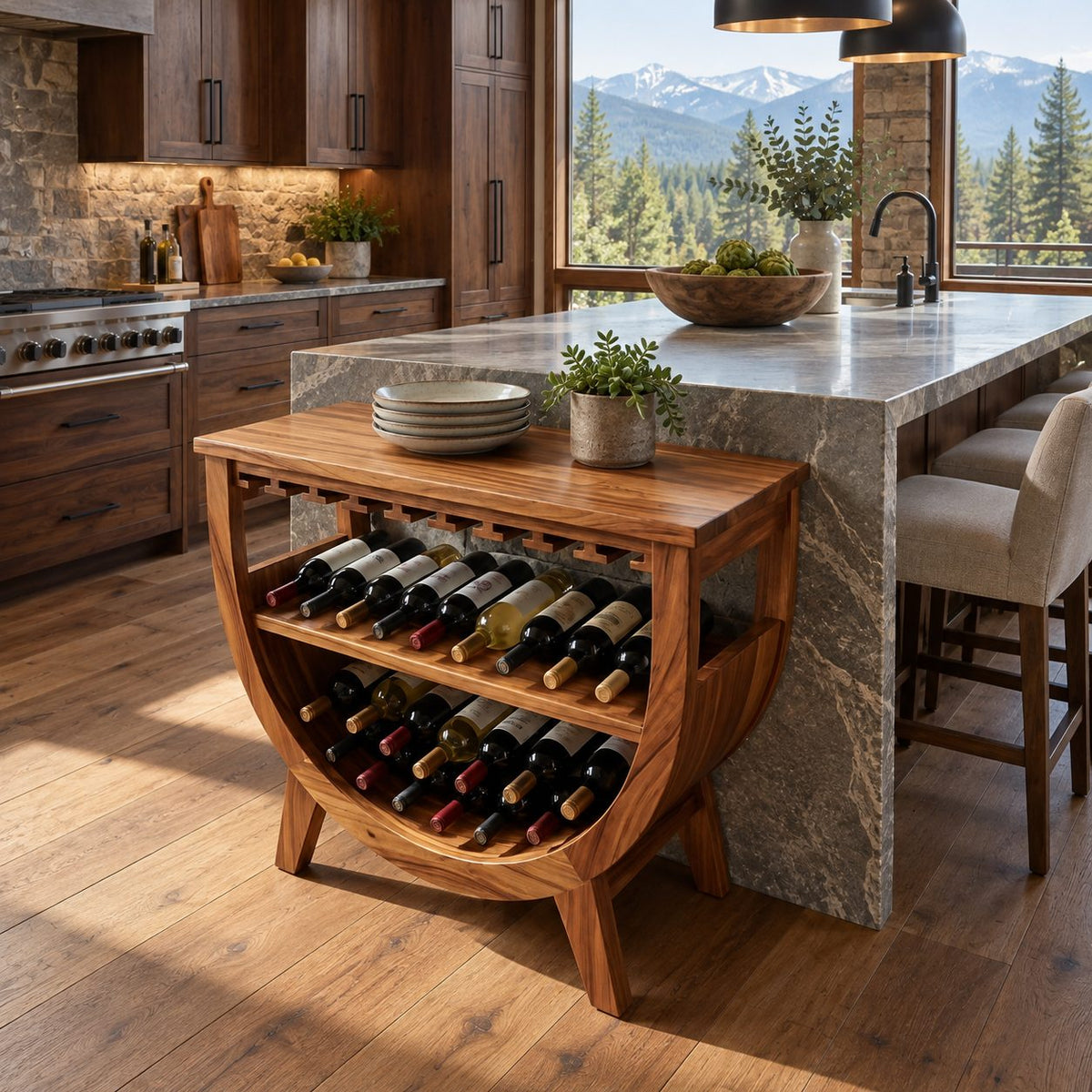 Half Moon Wine Cabinet with Stemware Slots and Two Bottle Shelves, Solid Wood Arched Kitchen Bar Cabinet