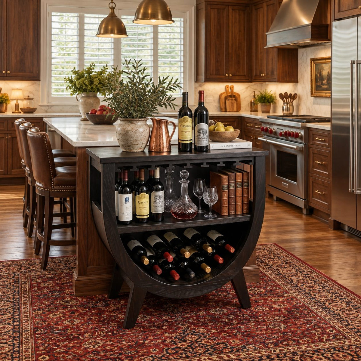 Half Moon Wine Cabinet with Stemware Slots and Two Bottle Shelves, Solid Wood Arched Kitchen Bar Cabinet