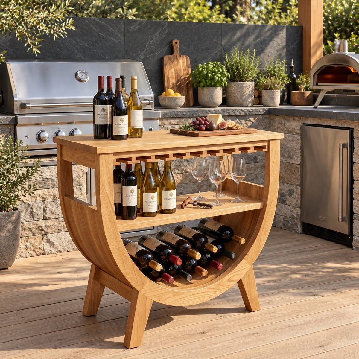 Half Moon Wine Cabinet with Stemware Slots and Two Bottle Shelves, Solid Wood Arched Kitchen Bar Cabinet