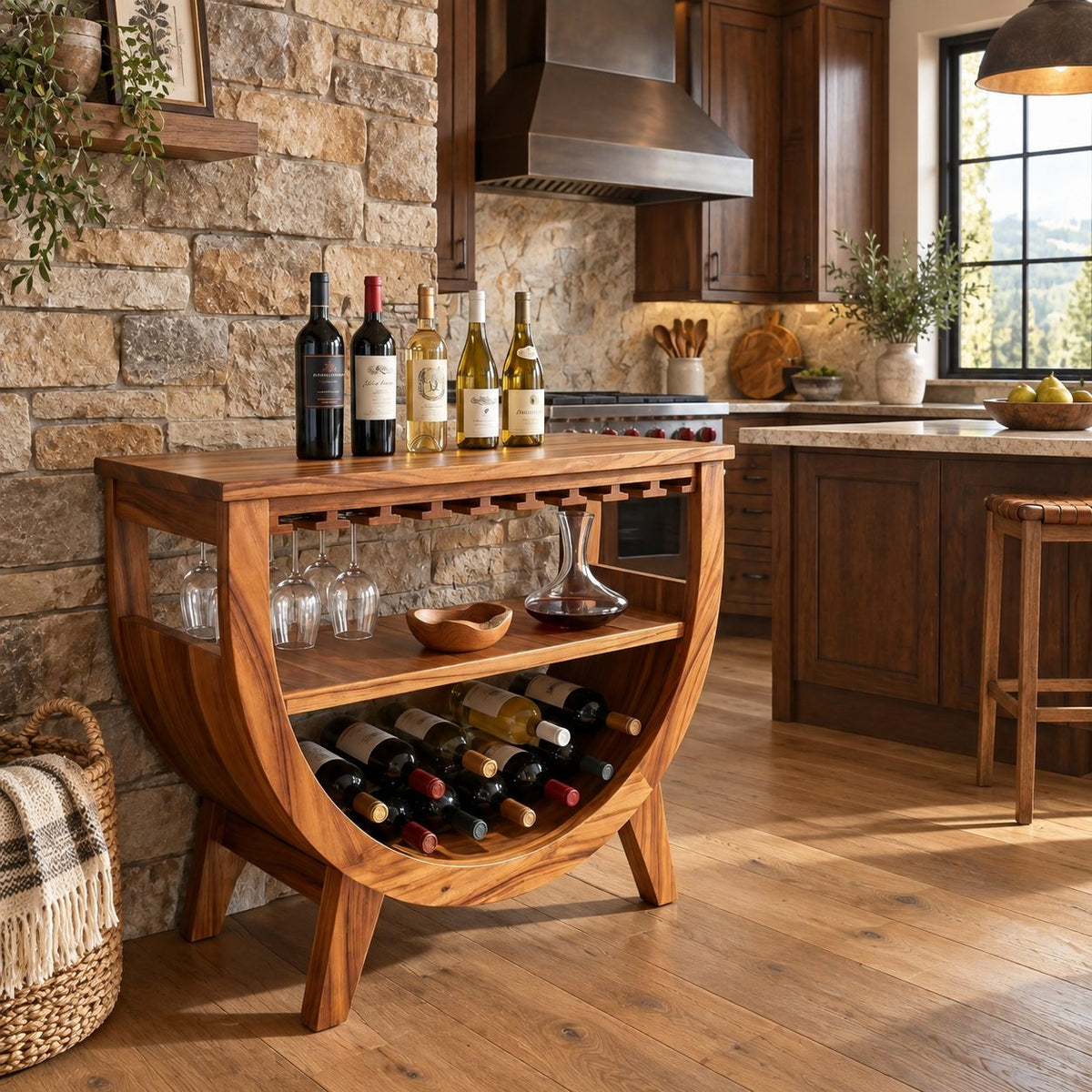 Half Moon Wine Cabinet with Stemware Slots and Two Bottle Shelves, Solid Wood Arched Kitchen Bar Cabinet