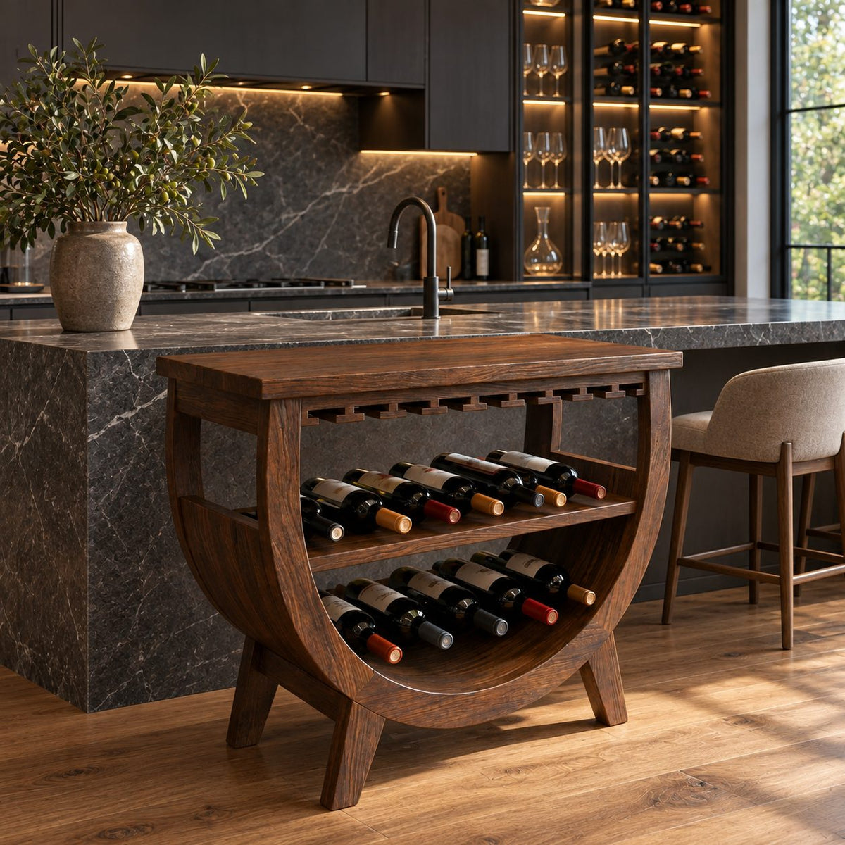 Half Moon Wine Cabinet with Stemware Slots and Two Bottle Shelves, Solid Wood Arched Kitchen Bar Cabinet